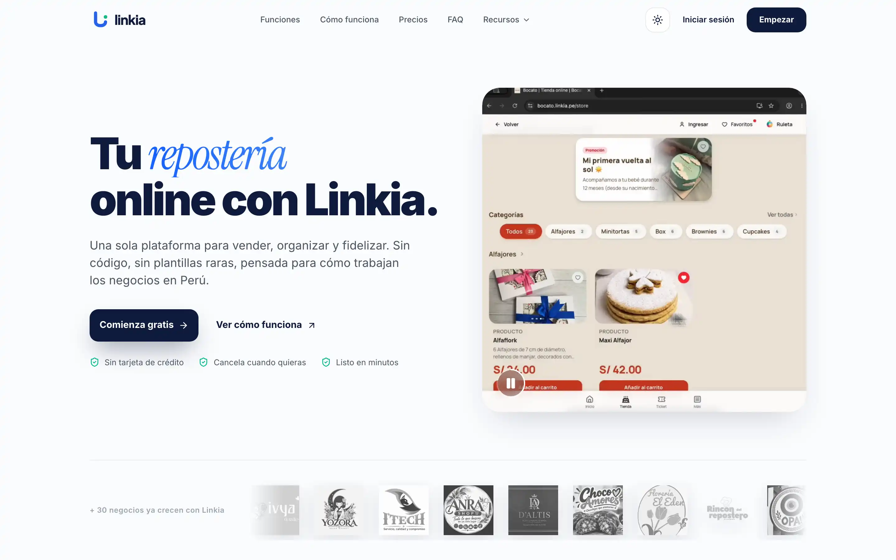 Página de inicio de Linkia: propuesta de valor y vista previa de la tienda online de una repostería.