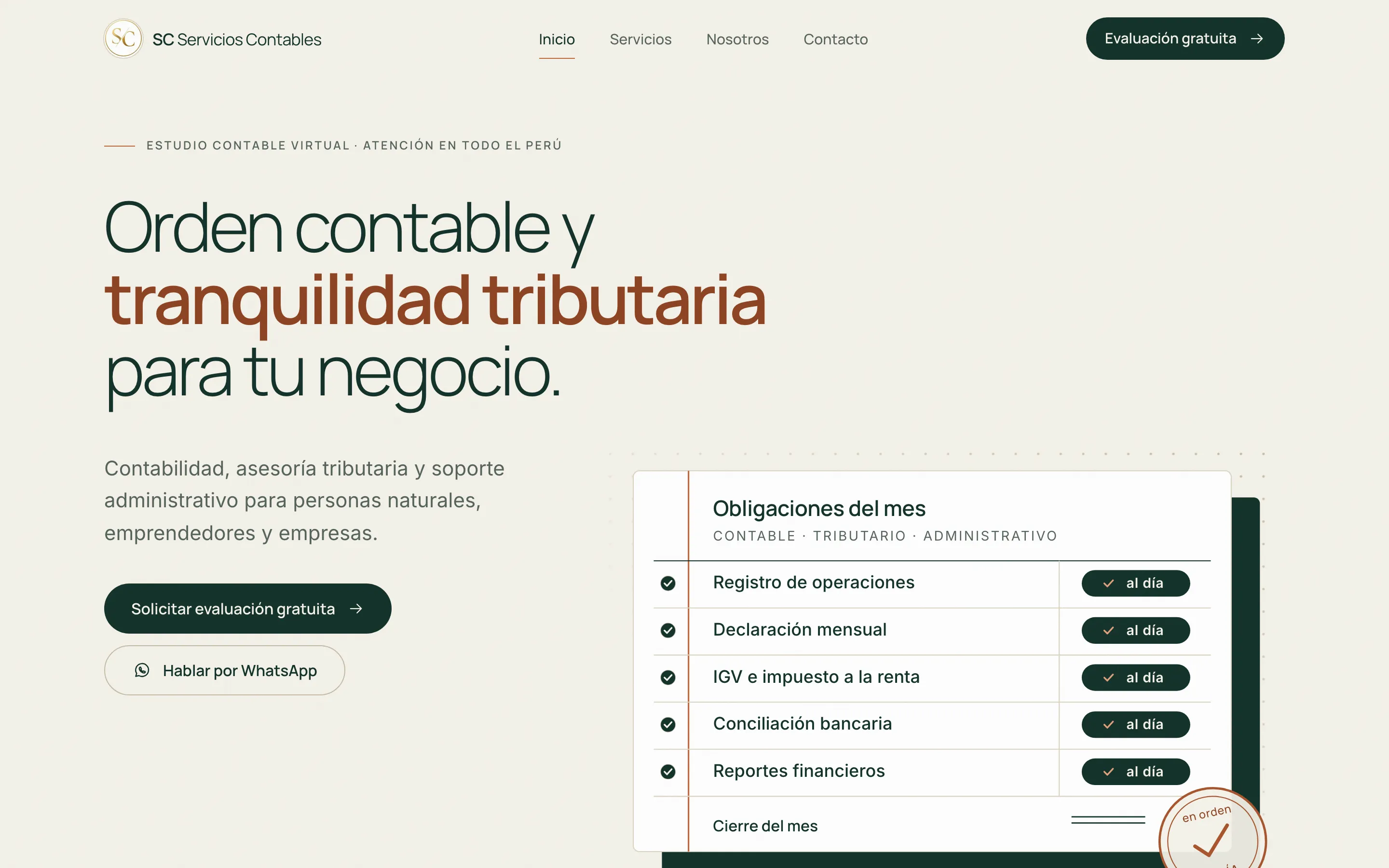 Página de inicio del sitio web de SC Servicios Contables.