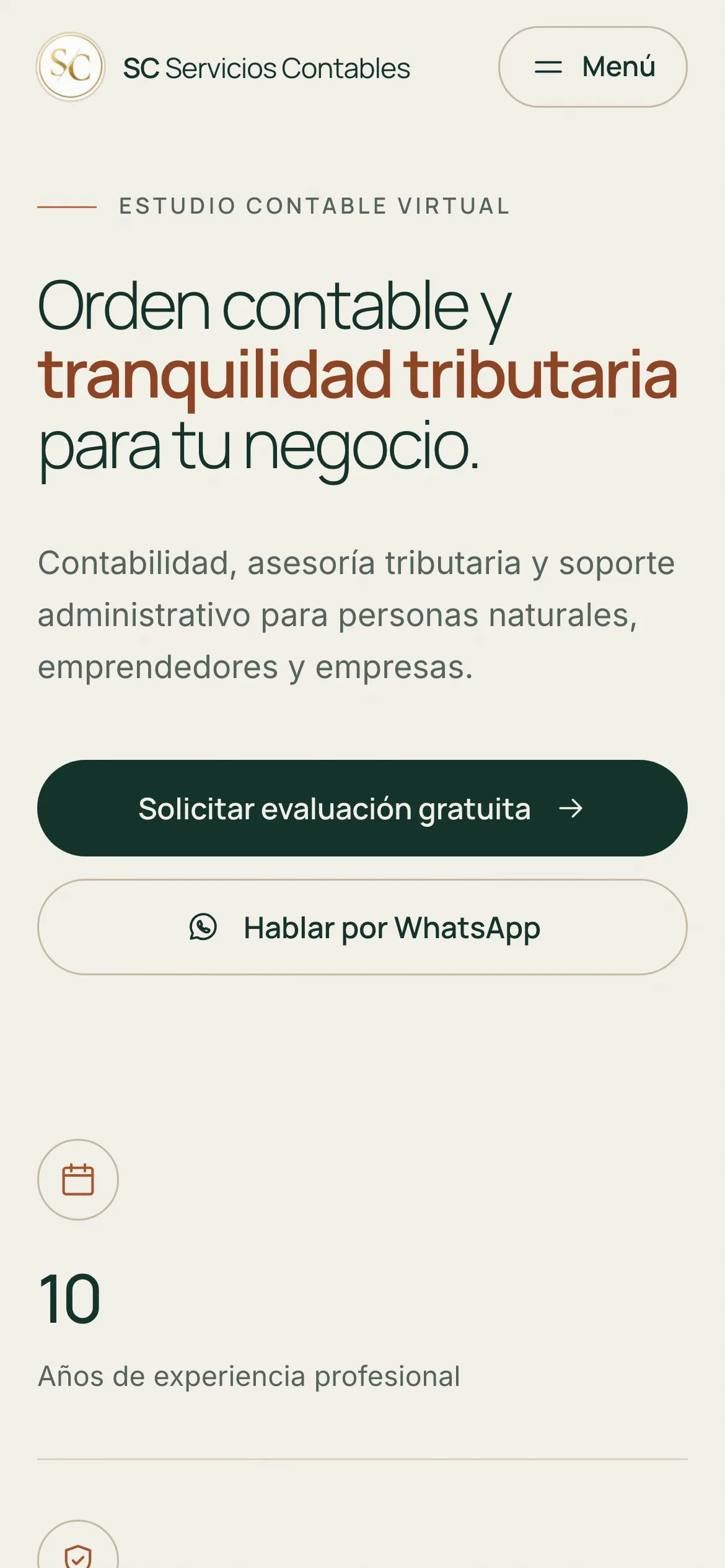 Página de inicio del sitio web de SC Servicios Contables en móvil.