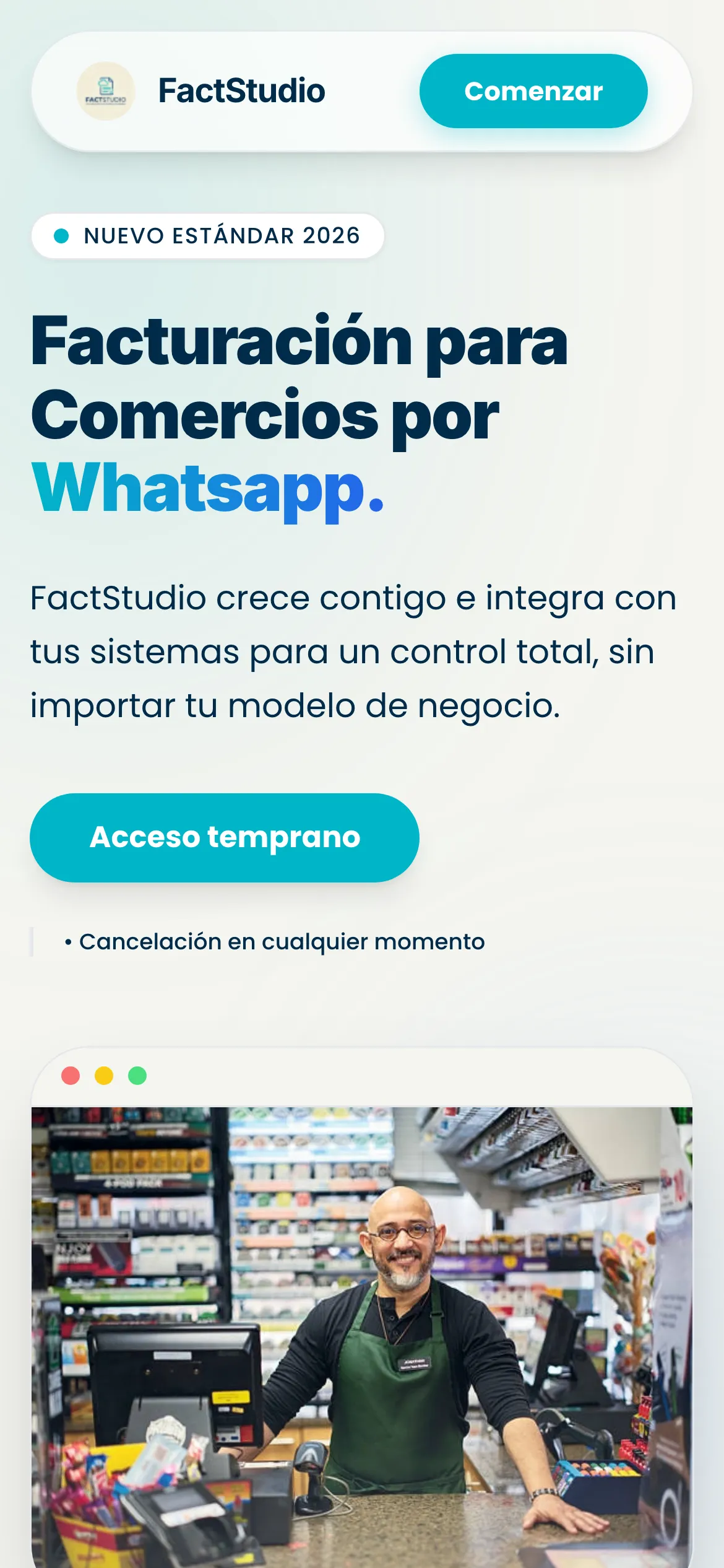 Página de inicio de la landing de FactStudio en móvil.