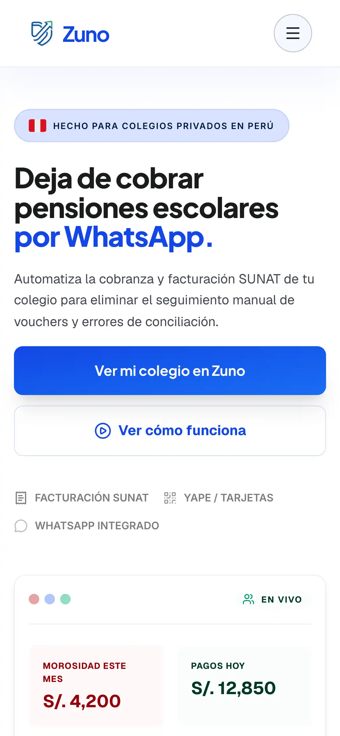 Página de inicio de la landing de Zuno en móvil.