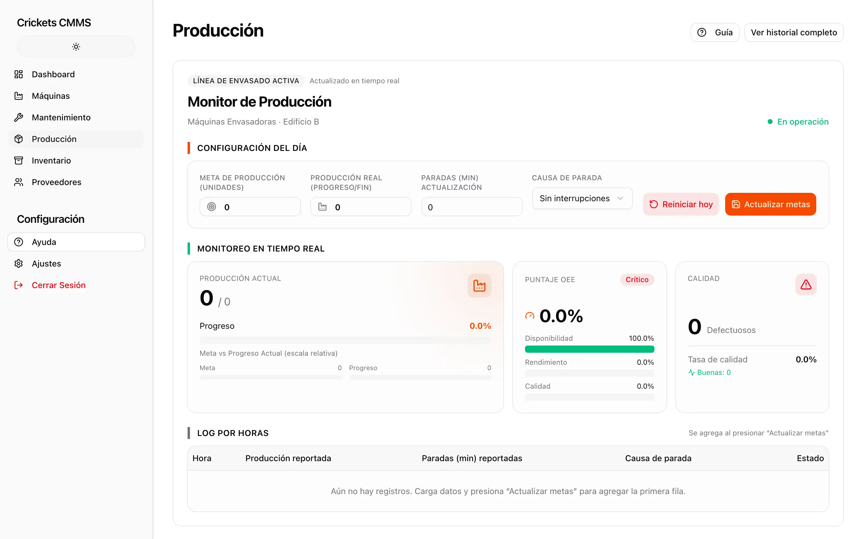 Monitor de producción de Crickets CMMS con indicadores OEE.
