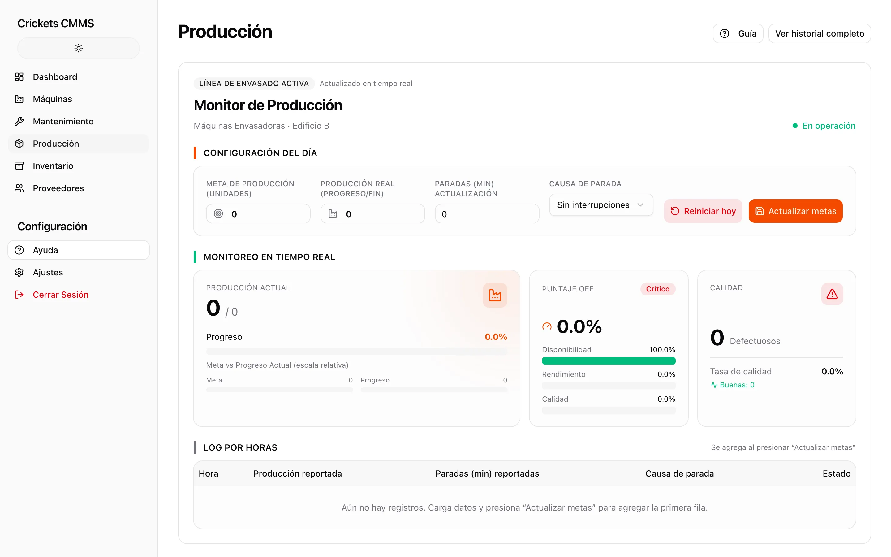 Monitor de producción de Crickets CMMS con indicadores OEE.