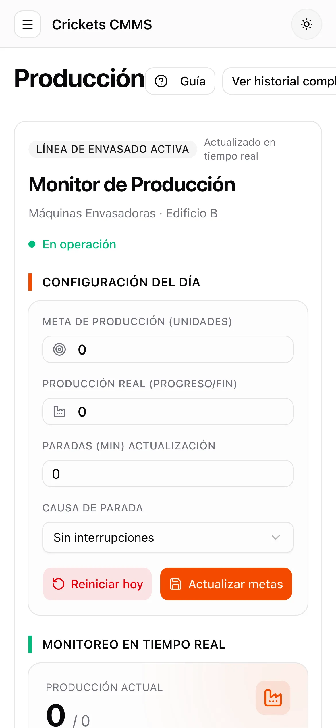 Monitor de producción de Crickets CMMS en móvil, con la configuración de metas del día.