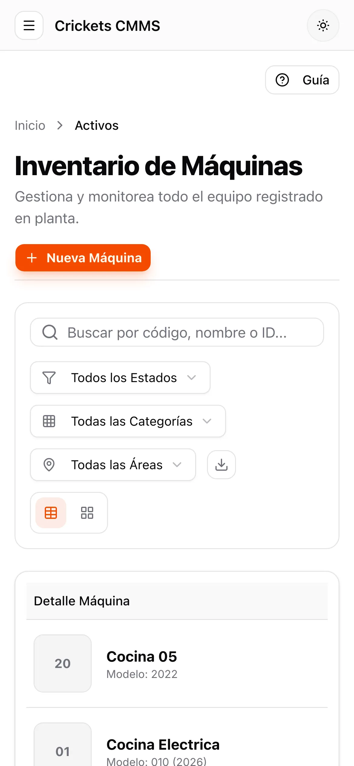 Inventario de máquinas de Crickets CMMS en móvil.