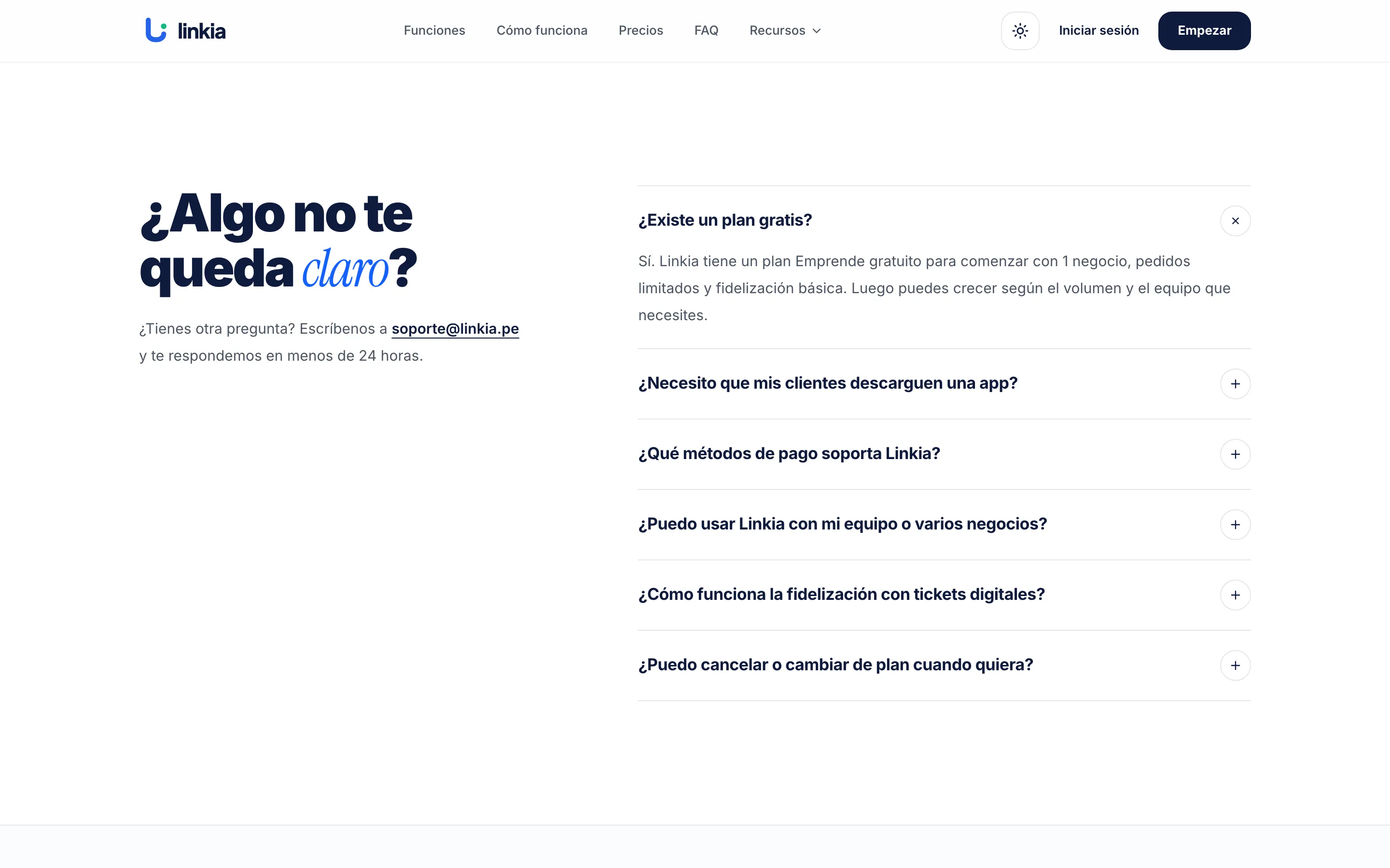 Preguntas frecuentes de Linkia, con el acordeón de respuestas abierto.