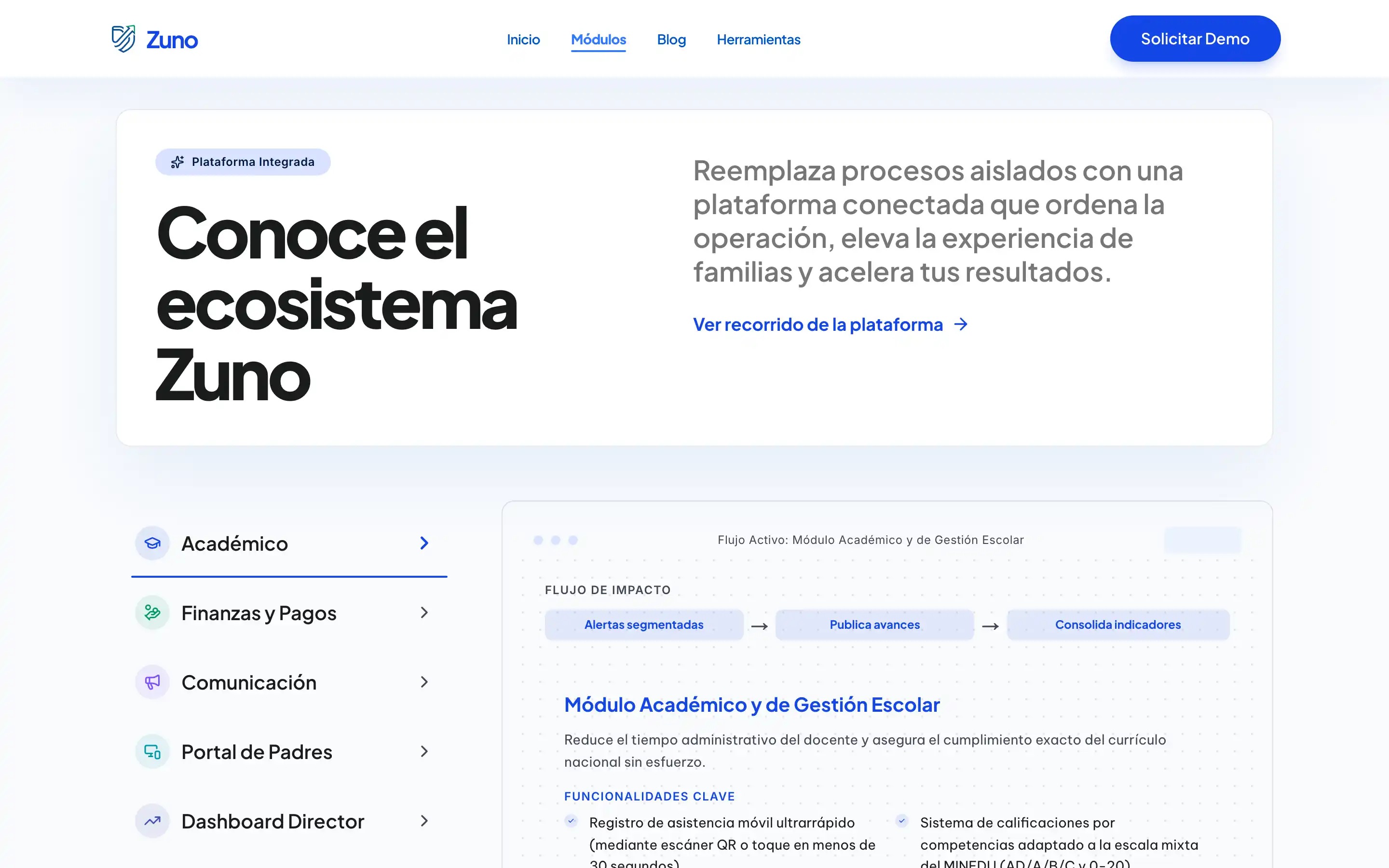 Página de módulos de la landing de Zuno, con el módulo académico y de gestión escolar.
