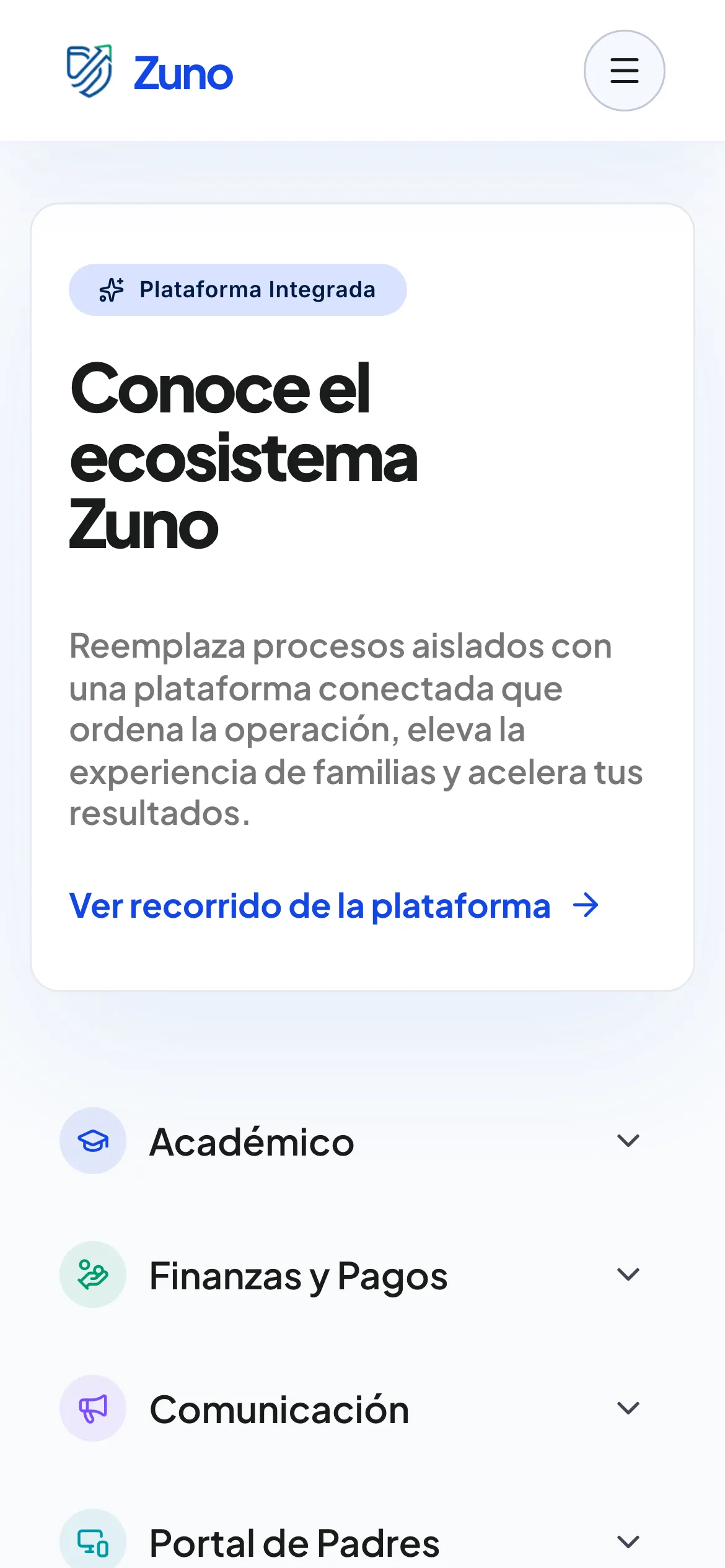 Página de módulos de la landing de Zuno en móvil.