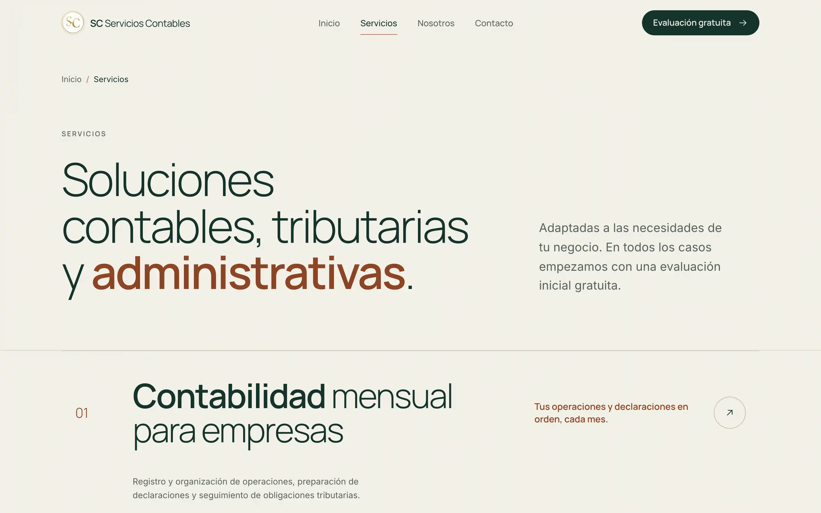 Página de servicios de SC Servicios Contables: soluciones contables, tributarias y administrativas, empezando por la contabilidad mensual para empresas.