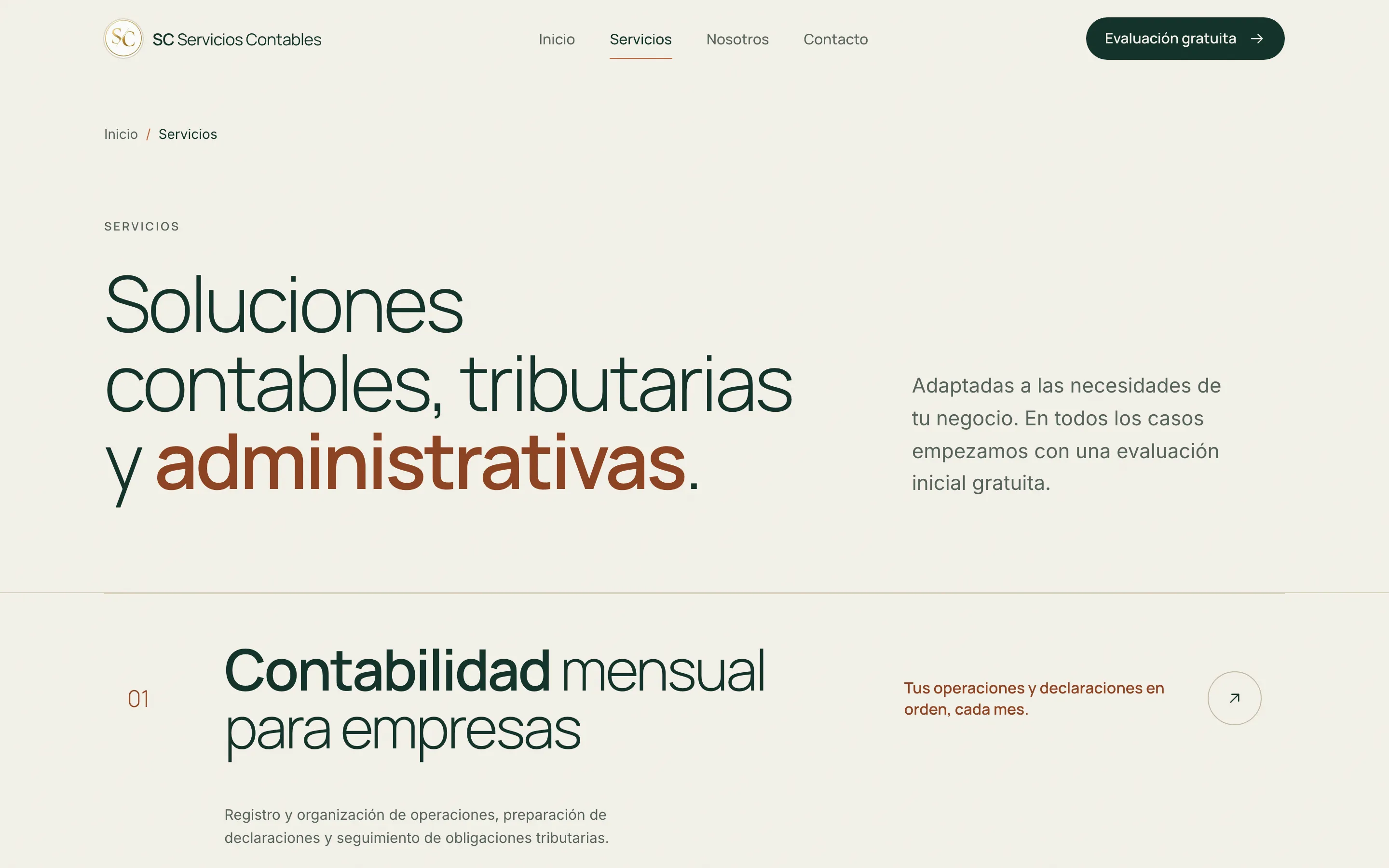 Página de servicios de SC Servicios Contables: soluciones contables, tributarias y administrativas, empezando por la contabilidad mensual para empresas.