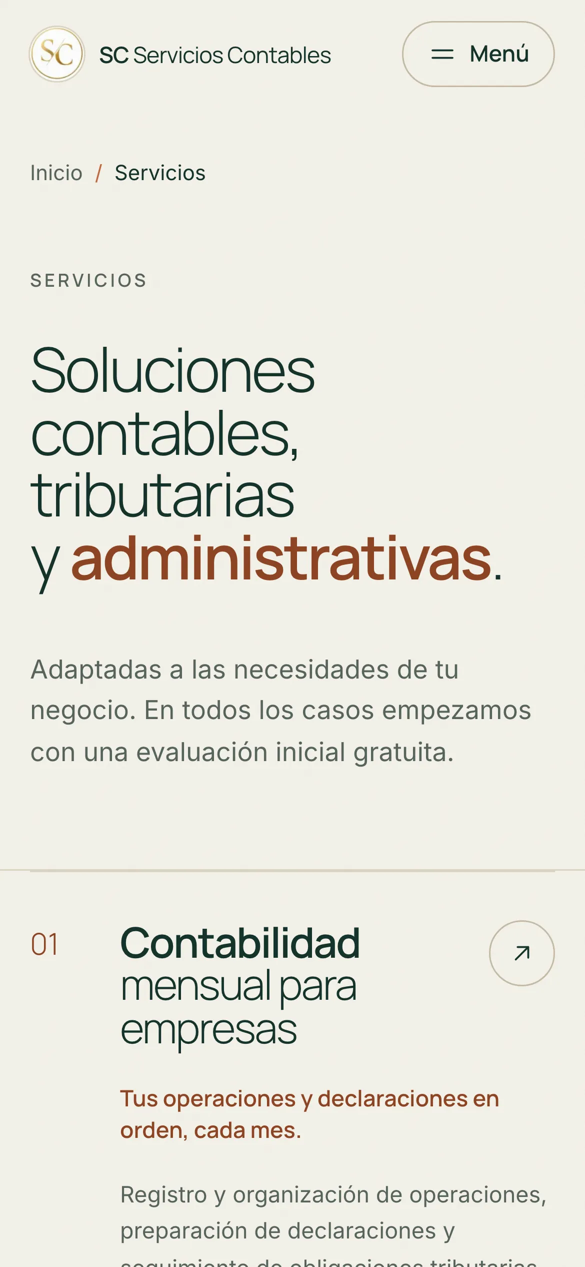 Página de servicios de SC Servicios Contables en móvil.